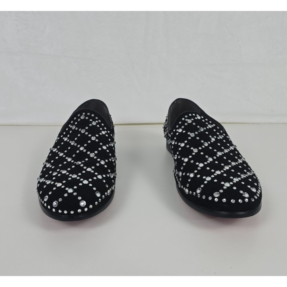 FL-7152 Fiesso Men’s Black Suede  Size 10 White Rhinestone Loafers Slip On